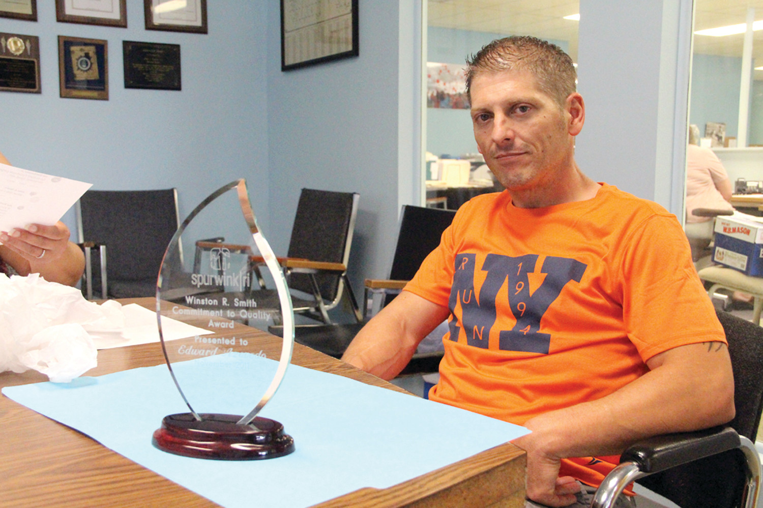 ANGERED: Eddie Azevedo, owner of Eddie’s Diner where the confrontation between him and John Sears happened, said he’s angry with the “slander” he’s been subject to online. He is pictured with the Spurwink/RI Winston R. Smith Commitment to Quality Award presented to him on Nov. 20, 2011.